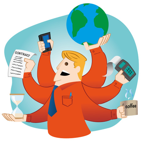 Illustration representing Person man with multiple arms doing multitasking. Ideal for advertising and institutional materialsのイラスト素材