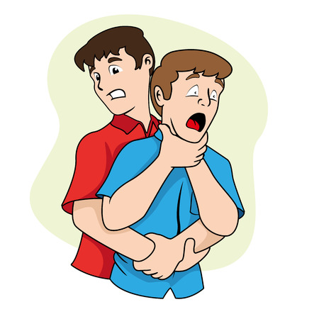 First aid scene illustration shows a person with osbtruida Their airways, Heimlich maneuver. Ideal for catalogs, informative and medical guidesのイラスト素材