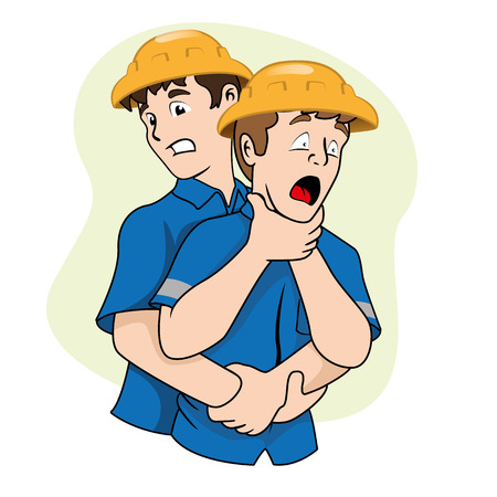 First aid scene illustration shows a person with osbtruida Their airways, Heimlich maneuver. Ideal for catalogs, informative and medical guidesのイラスト素材