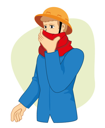 Person protecting the nose and mouth to keep from inhaling poisonous gases Caused by an accident at work. Ideal for catalogs, informative and safety guidesのイラスト素材