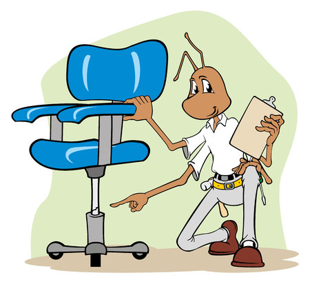 Illustration mascot ant with clipboard and inspecting equipment. Ideal for catalogs, informative and institutional materialsのイラスト素材