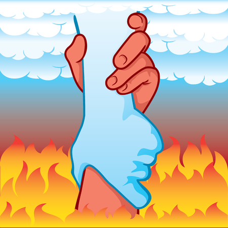 Illustration of hands leaning holding between heaven and hell, differences coexisting. Ideal for catalogs, informative and institutional materialのイラスト素材