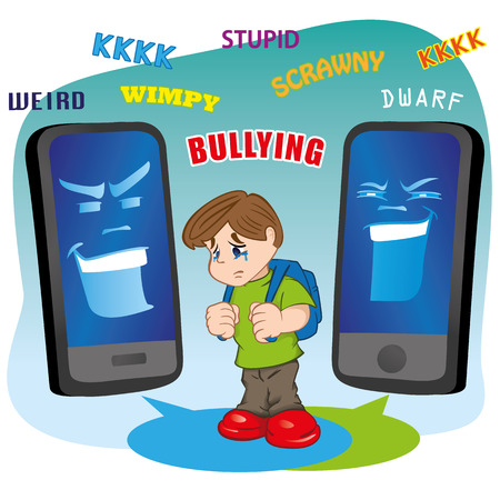 Illustration of a child suffering virtual bullying by mobile phone. Ideal for catalogs, informative and institutional materialsのイラスト素材