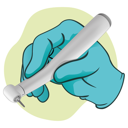 Illustration of a hand holding a dental drill. Ideal for catalogs, informative and institutional materials and odontologicoのイラスト素材