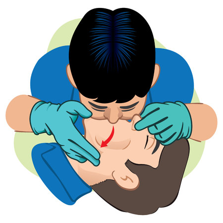 First Aid resuscitation CPR, mouth-to-mouth resuscitation. Caucasian with gloves. For resuscitation. Ideal for training materials, catalogs and institutionalのイラスト素材