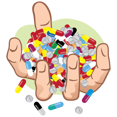 Illustration of hands holding many medicines, caucasian. Ideal for catalogs, informational and institutional materialsのイラスト素材
