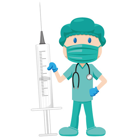 Illustration depicting a man professional mascot, doctor or surgeon with a syringe and a stethoscope. Ideal for field training and institutionalのイラスト素材