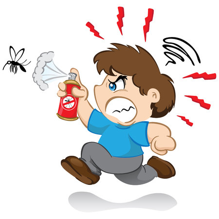 Illustration Represents the character yuyu, children's mascot boy fighting the mosquitoes que transmits the dengue virus or zika with insecticide spray. nervous after running mosquitoesのイラスト素材
