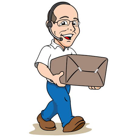 Illustration mascot bald person carrying a box or order. Ideal for institutional materials and trainingのイラスト素材