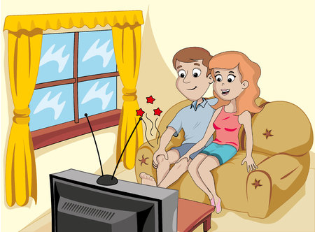 A couple sitting on his couch in the living room watching televisionのイラスト素材