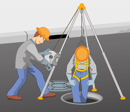 Illustration representing two workers checking the sewer pipe descend with the help of safety equipment for sewageのイラスト素材