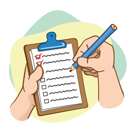 Illustration of office supplies, hands holding clipboard and pencil. Ideal for educational and institutional materialsのイラスト素材