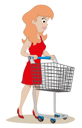 Illustration of Woman shopping with a market stall. Ideal for catalogs and institutional and training materialsのイラスト素材