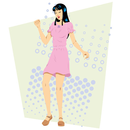 Illustration of the eastern happy Japanese girl dancing happily. Ideal for advertising advertisementのイラスト素材