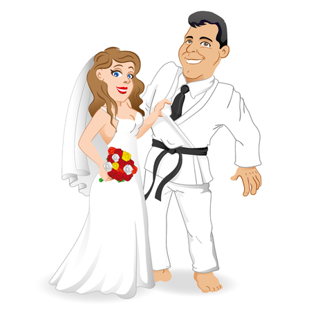 Bridegroom couple in love, with the bride holding the bridegroom by the kimono. The groom and the martial arts fighter Ideal for catalogs, informational and institutional materialsのイラスト素材