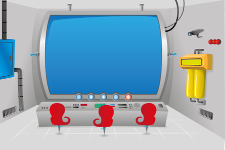 Scenario or background of a special futuristic control room with big screen. Ideal for educational material, animations and gamesのイラスト素材