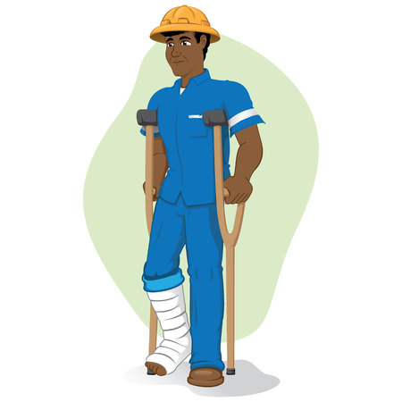 Illustration of an afrodescendant operative person, of crutches with injured leg bandagedのイラスト素材