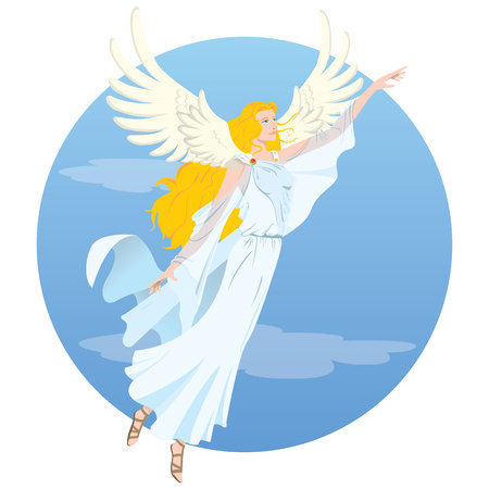 Illustration beautiful angelic blonde woman, goddess, with flying wings. Ideal for religious and educational materialsのイラスト素材