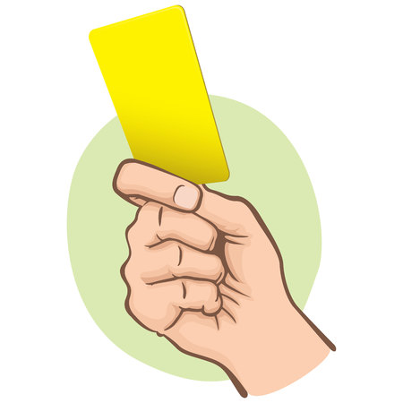 Illustration of Caucasian person holding a yellow card. Ideal for sports catalogs, informative and institutional guidesのイラスト素材