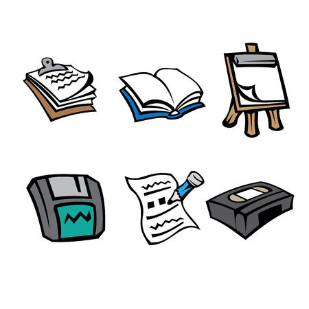 Icon pictogram, office supplies, clipboard, book, flipchart, floppy disk, paper tape and pencil. Ideal for catalogs, informational and institutional office materialのイラスト素材