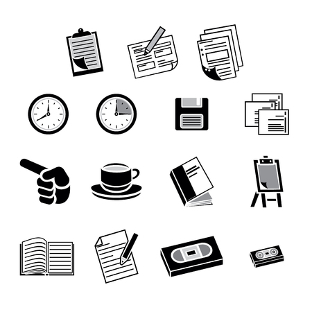 Icon pictogram, office supplies, clipboard, form, papers, clock, diskette, slides, hands indicating, cup, binder, flip chart, book, cassette tape, video tape. Ideal for catalogs and informationのイラスト素材