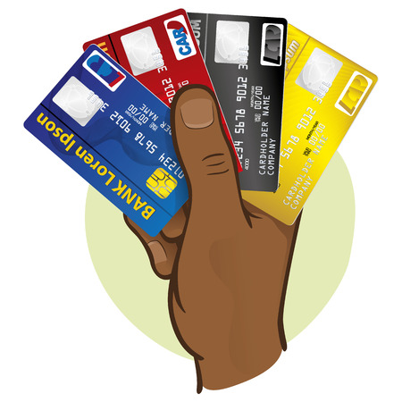 Illustration is the close of a hand holding a credit card, African descent. Ideal for financial campaignsのイラスト素材