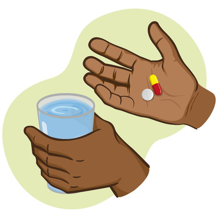Illustration of hand holding medicines and other hand with glass of water, afro descent. Ideal for catalogs, information and institutional material and healthのイラスト素材