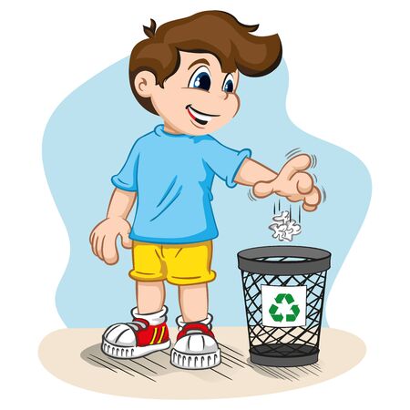 Illustration of boy person throwing trash into recycle bin, recycling trash. ideal for training and internshipのイラスト素材