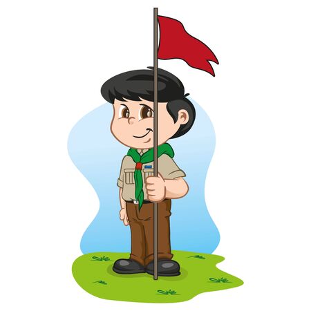 Illustration caucasian boy in scout uniform holding a flag. Ideal for institutional and educational materialsのイラスト素材