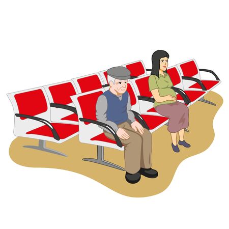 Illustration of an elderly man and pregnant woman in the waiting room, preferential care. Ideal for institutional and educational materialのイラスト素材