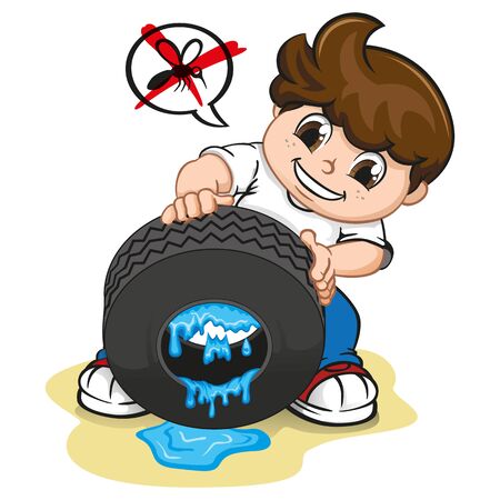 Illustration boy drawing still water from the tire, fighting mosquito that transmits dengue or zika virus. Ideal for informational and institutional related sanitation and healthのイラスト素材