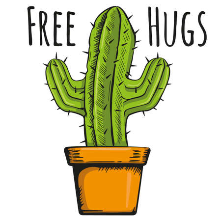 Illustration vase with a cactus with phrase hug free. Ideal for botanical and gardening materialsのイラスト素材