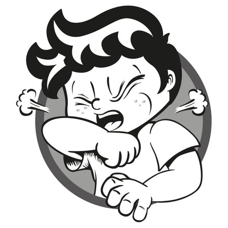 Illustration child with tuft, with cough symptom, Art line black. Ideal for health and institutional newslettersのイラスト素材