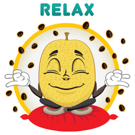 Mascot passion fruit meditating and relaxing. Ideal for children's and informative storiesのイラスト素材