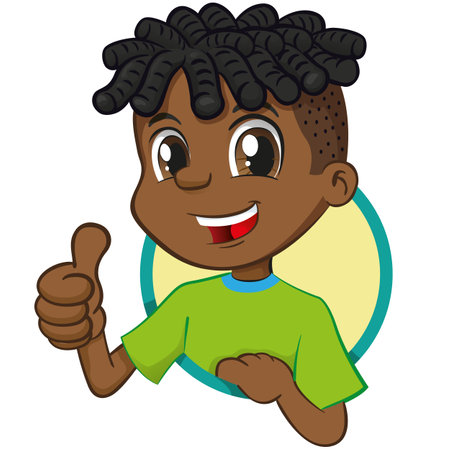 Boy illustration african descent, signaling ok, ok, right. Ideal for institutional and promotional materialsのイラスト素材