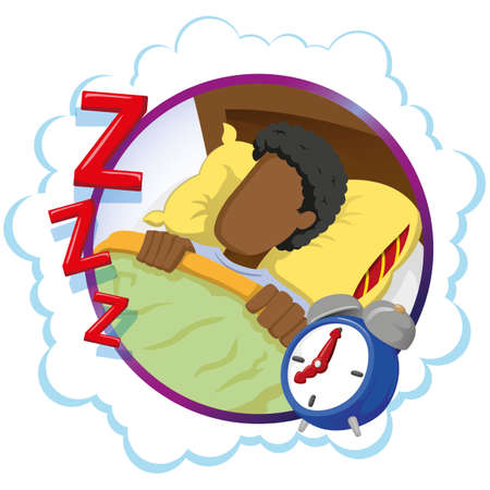 Mascot person man afro descendant sleeping peacefully. Ideal for informational and institutional related to medicineのイラスト素材