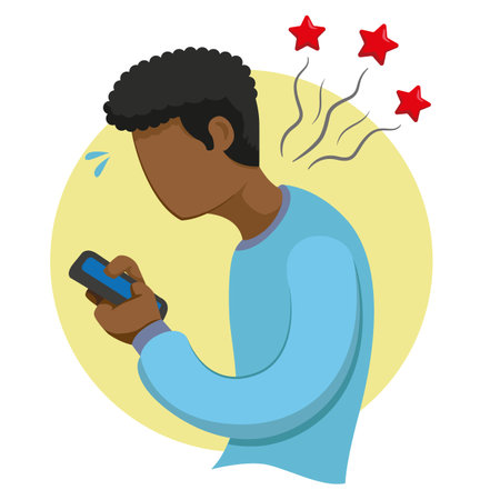 illustration about text neck syndrome, afro descendent man. Ideal for educational and advertising materialsのイラスト素材