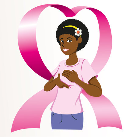 Illustration of a black woman groping her breasts doing self-examination against breast cancer, prevention and diagnosis for life. Ideal for institutional and educational materialsのイラスト素材