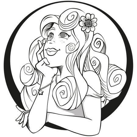 Illustration person beautiful woman black and white looking up daydreaming. Ideal for educational and training materialsのイラスト素材