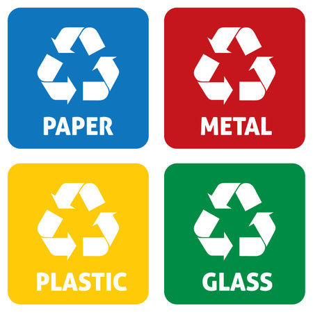 Illustration icons recycling symbols of various materials. Ideal for catalogs, information and recycling guides.のイラスト素材