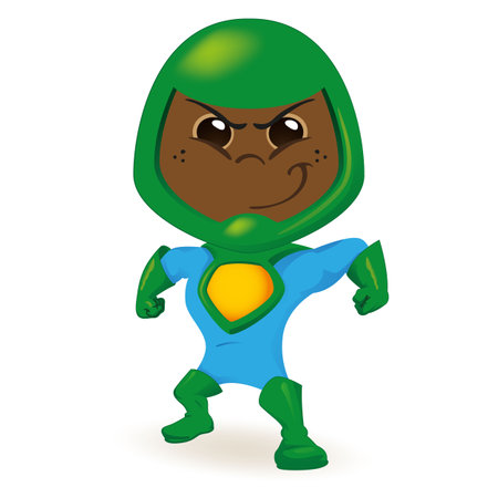 Boy person in an eco-friendly super hero uniform. Ideal for educational, didactic and institutional material.のイラスト素材