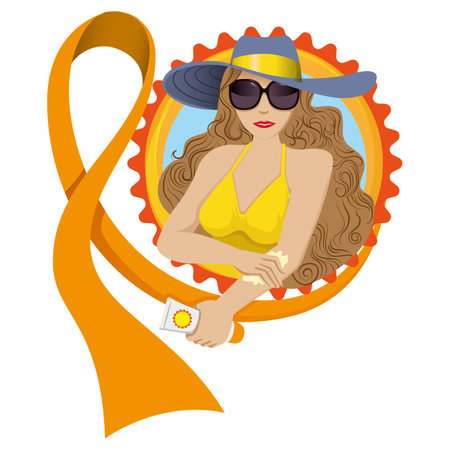 Woman applying sunscreen to prevent skin cancer. orange december awarenessのイラスト素材