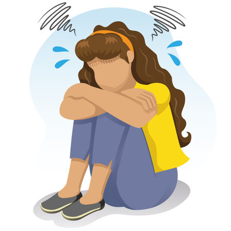 illustration woman with sad with symptoms of depression. Ideal for educational and informational materialsのイラスト素材