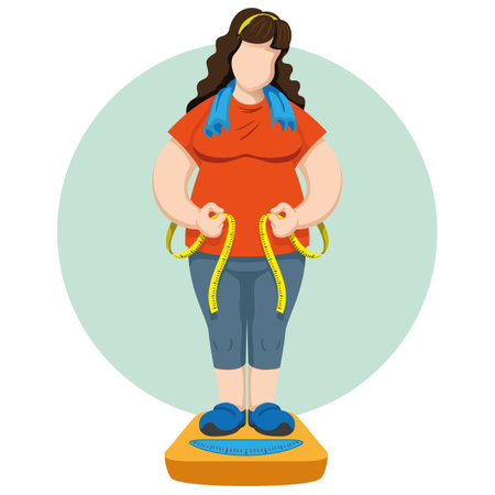 Chubby woman on scales measuring waist with measuring tape. Ideal for training and educational materialsのイラスト素材