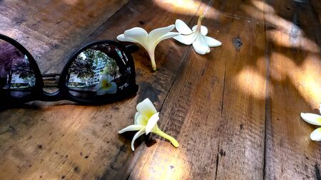 Sunglass and white flowers on wooden table | Sunglass and white flowers on wooden tableの写真素材