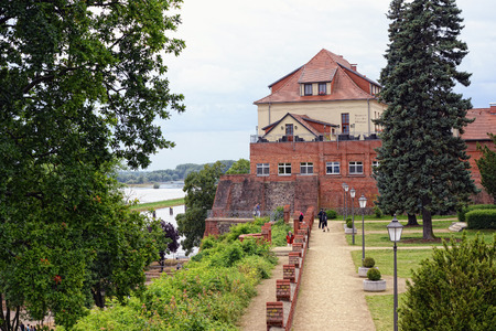 TANGERMUENDE, SAXONY-ANHALT/ GERMANY June 30 2013 Cityscape of Tangermunde (Saxony-Anhalt, Germany) with its park. background elbe river.のeditorial素材