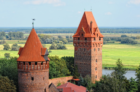 Cityscape of Tangermunde (Saxony-Anhalt, Germany) with brick stone jail tower. background elbe river.の写真素材