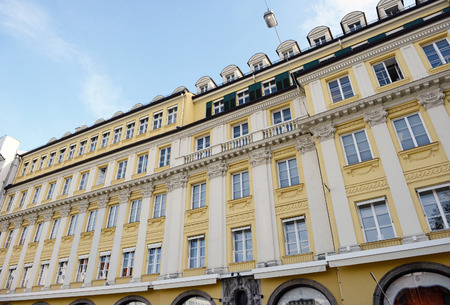 MUNICH, BAVARIA/ GERMANY October 28 2015: yellow white facade of dallmayr store in munich city.のeditorial素材