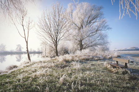 hoarfrost landscape on Havel River (Havelland, Germany).の写真素材