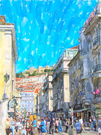 Illustration of Cityscape of Lisbon district Baixa with its stores and houses. People walking around.の写真素材